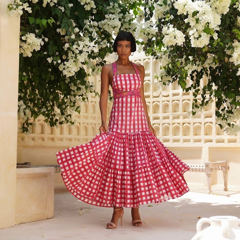 Mo Maya Runa Gingham Check and Leopard Strap Print Square Neckline Dress